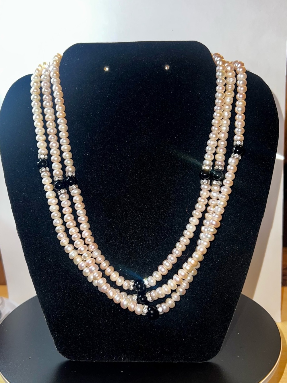 Triple-Strand Cultured Pearl Necklace with Black Accent Beads - White Pearls